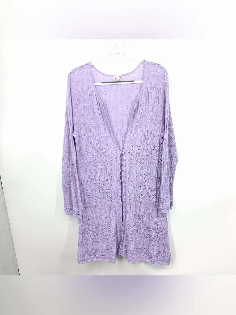 J Jill Women Size Large Cardigan Long Duster Top Lilac Purple Silk Knit Crochet